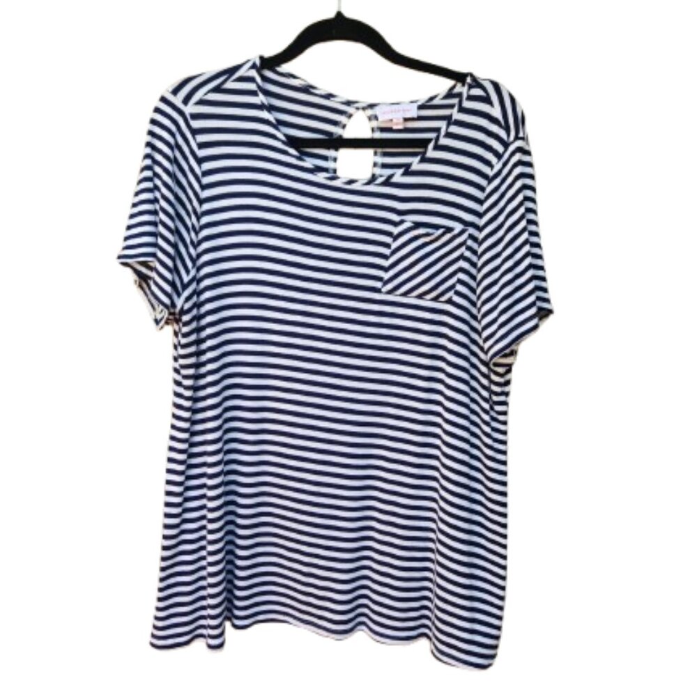 Molly & Isadora Plus Striped Top Blue White Pocket Slit Back Stretch Keyhole